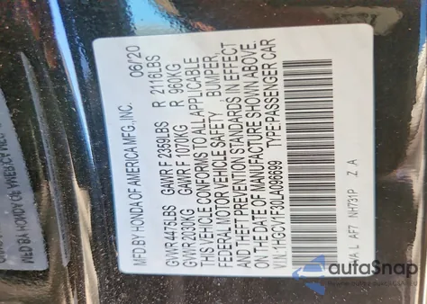 2020 Honda Accord Sport z USA, uszkodzony, nr VIN 1HGCV1F30LA096699